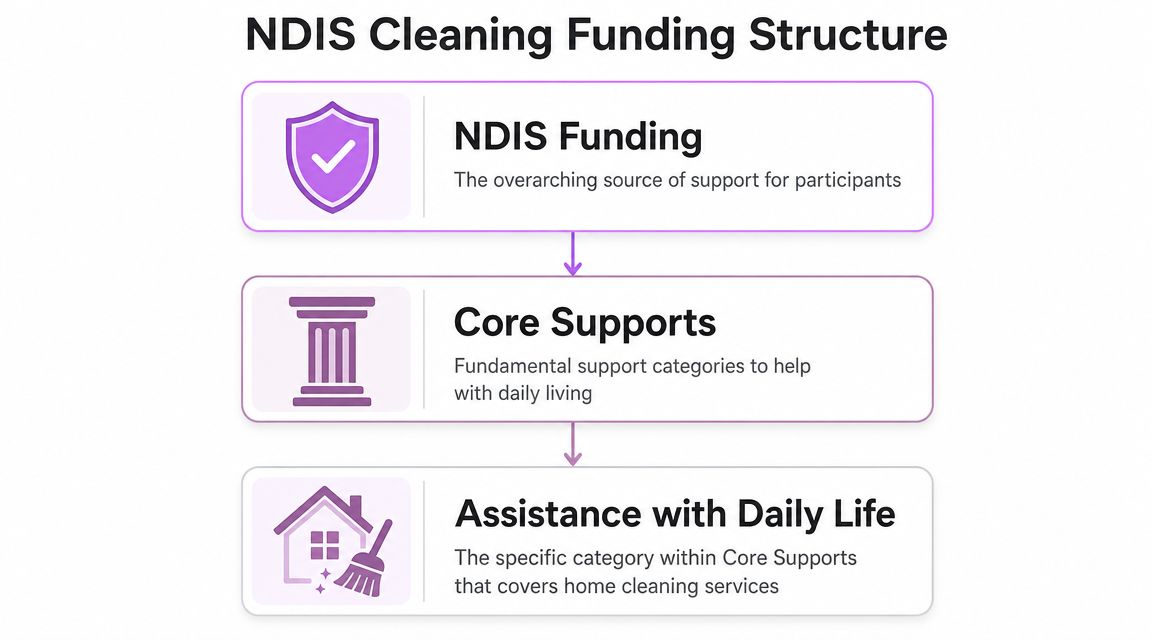A flowchart showing the NDIS cleaning funding hierarchy from general funding down to daily life assistance.