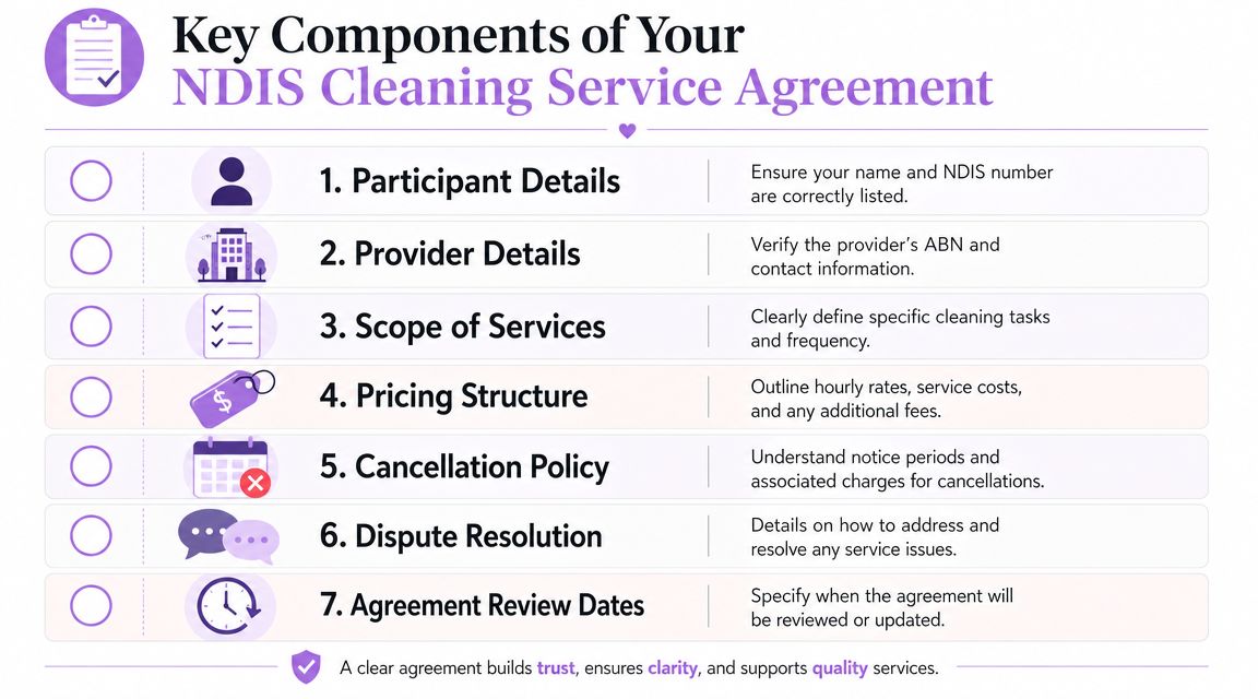 A checklist infographic detailing the seven key components to include in an NDIS cleaning service agreement.