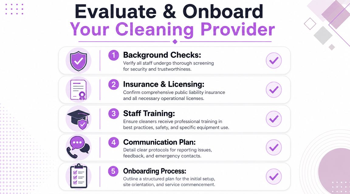 An infographic titled Evaluate and Onboard Your Cleaning Provider, listing five essential steps for professional service hiring.