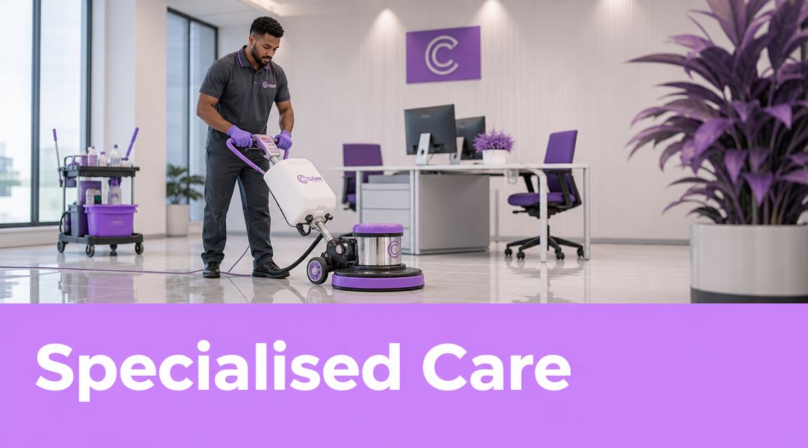 A professional cleaner using a floor buffer machine in a modern office with purple branding.