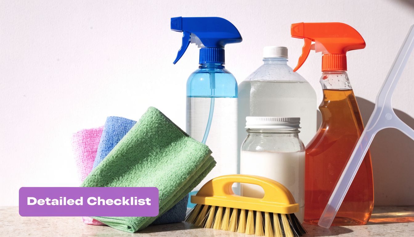 Cleaning supplies including colorful microfiber cloths, spray bottles, cleaning solution, a scrubbing brush, and a squeegee tool.