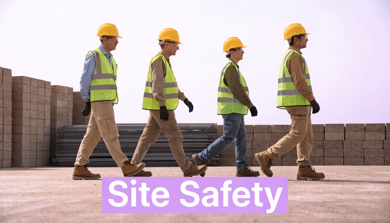 Four construction workers wearing safety helmets and reflective vests walking in a row at a job site.