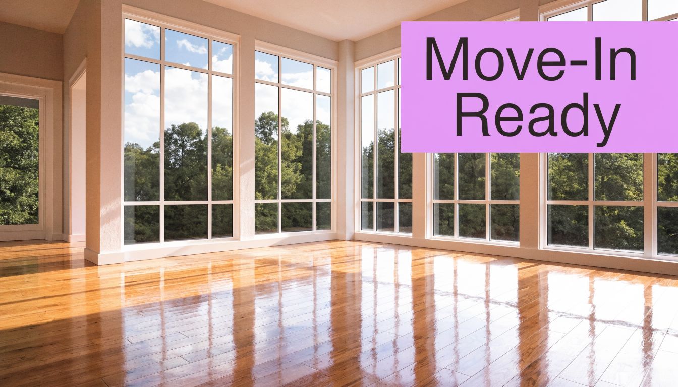 A bright, empty room with polished hardwood floors and large windows looking out to green trees.