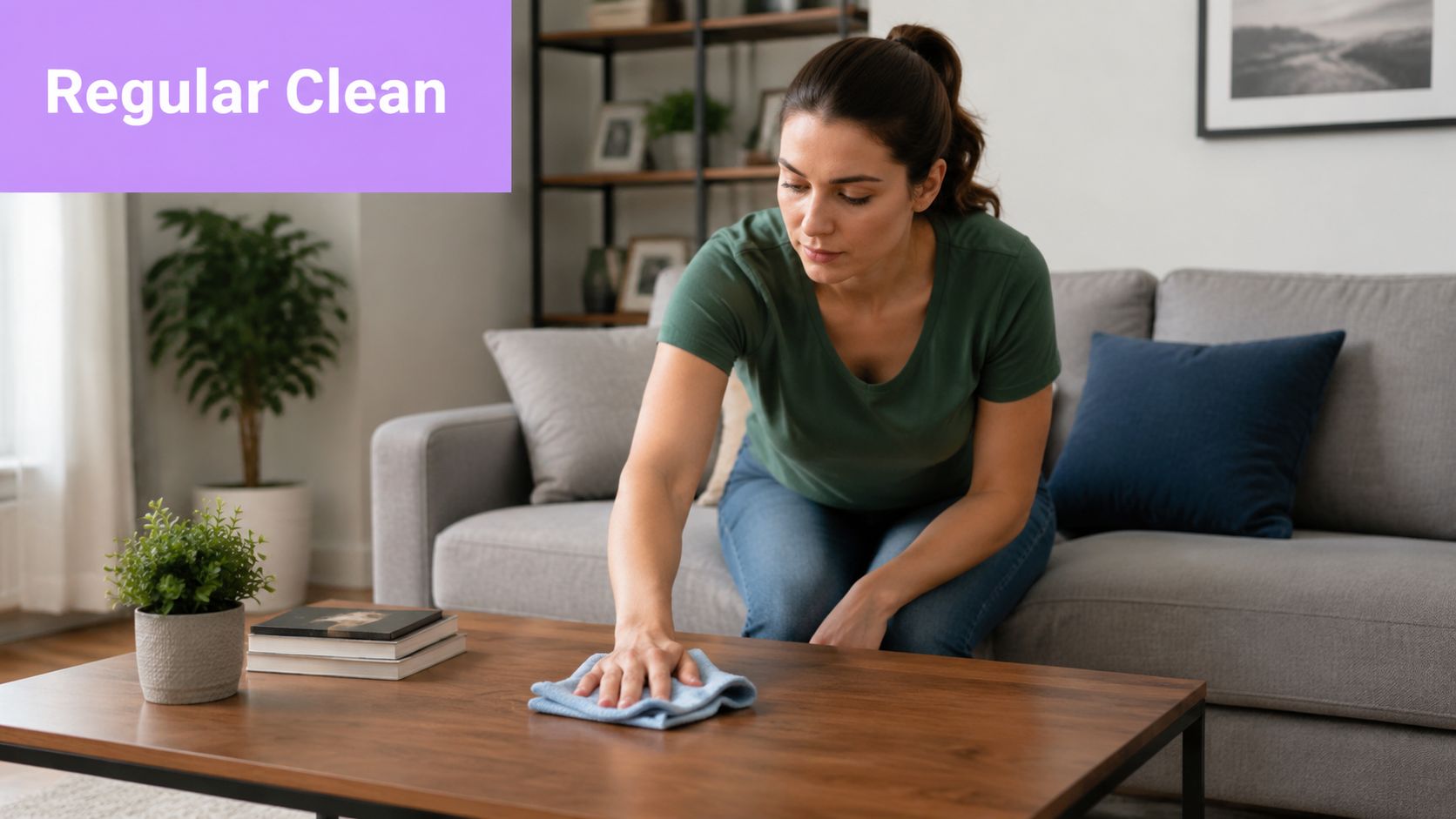A woman cleaning a wooden coffee table in a modern living room using a blue cloth.