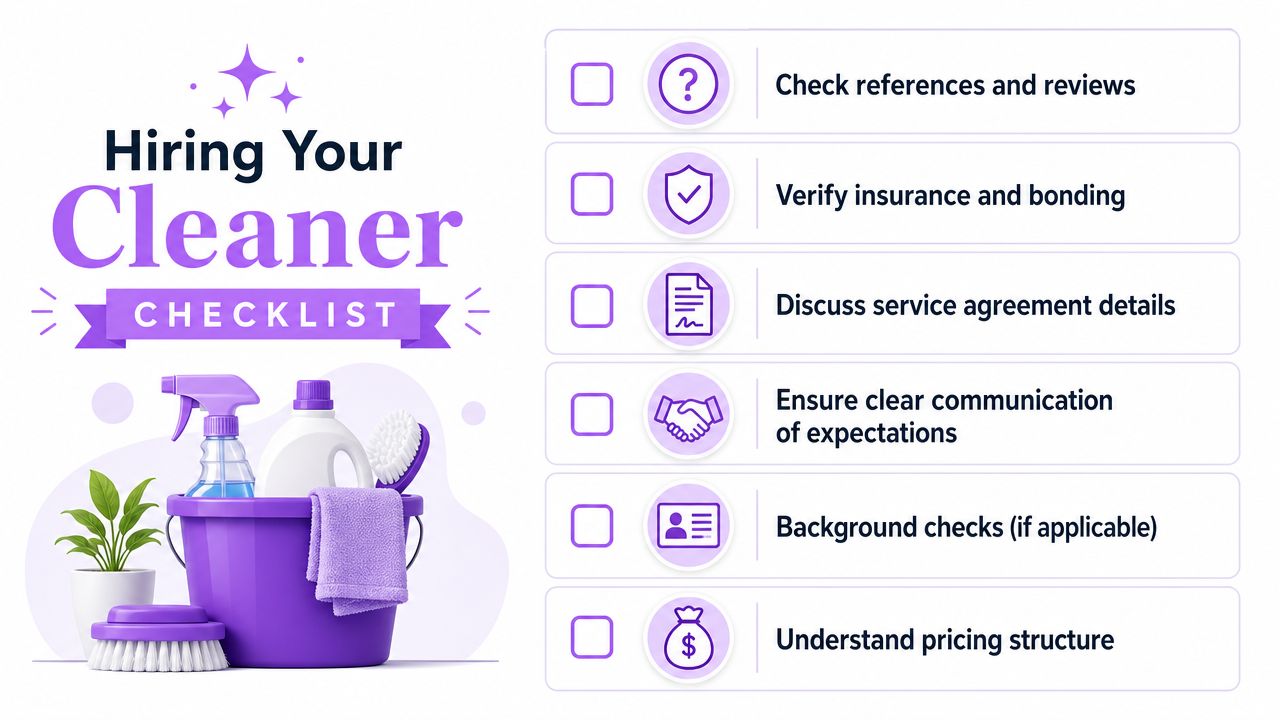 A checklist for hiring a professional house cleaner with six important steps to consider before choosing.