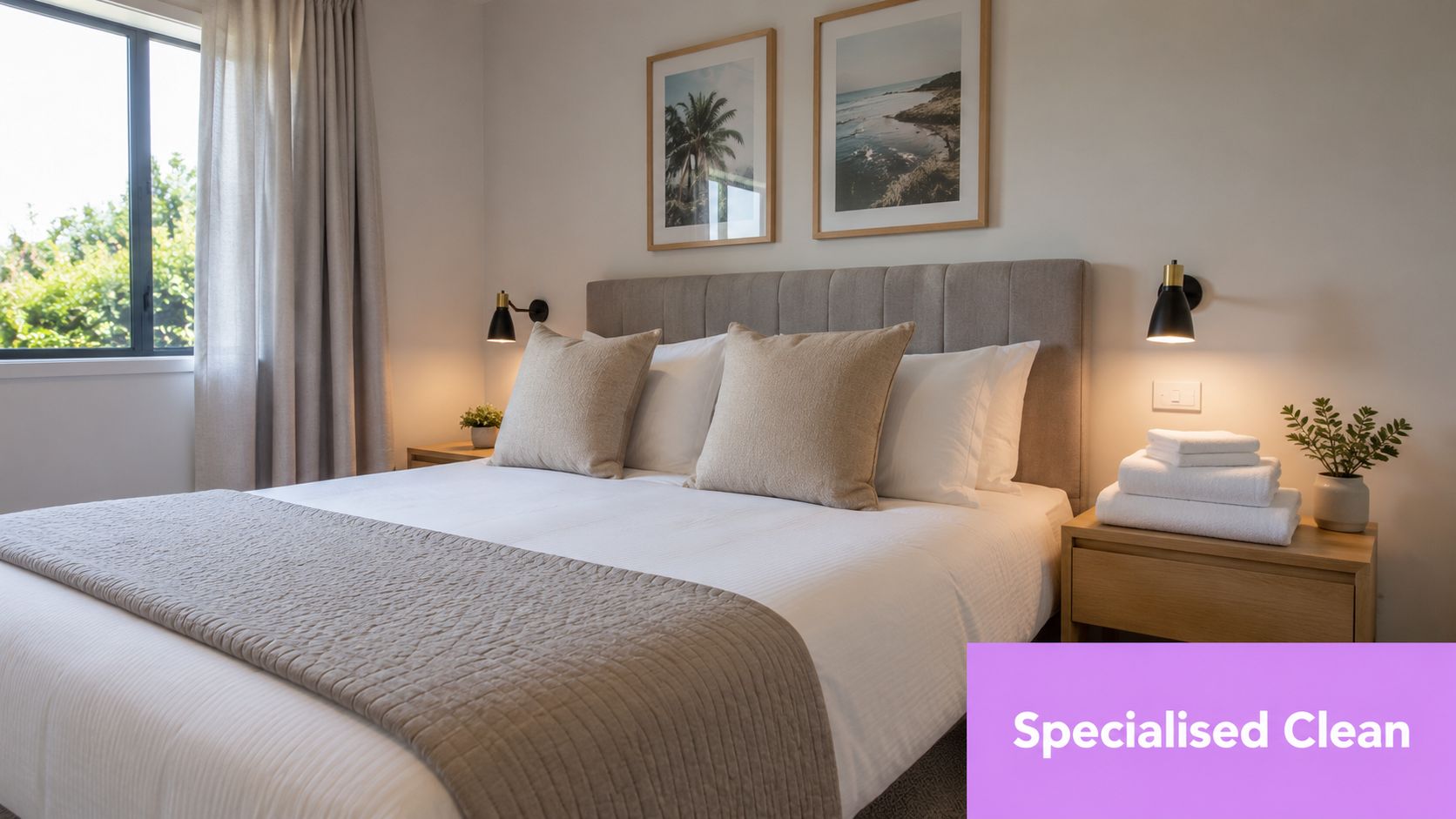 A neatly made hotel bedroom featuring a queen bed, wooden nightstands, bedside lamps, and framed coastal wall art.