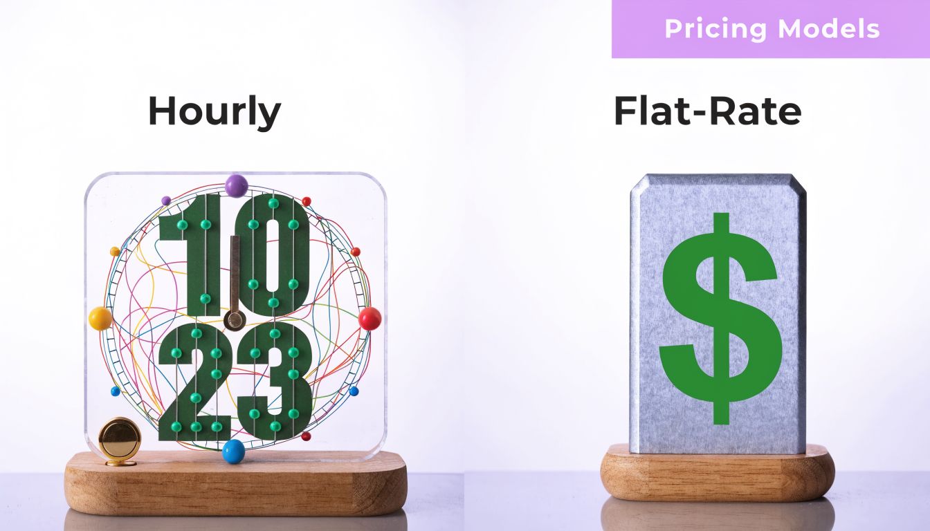 A conceptual graphic illustrating two pricing models, Hourly rate and Flat-rate, shown with a clock and dollar sign.