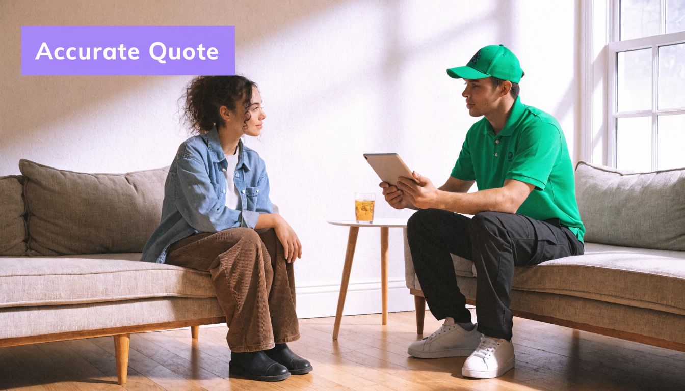 A professional service worker in a green uniform discussing a project with a customer on a couch.