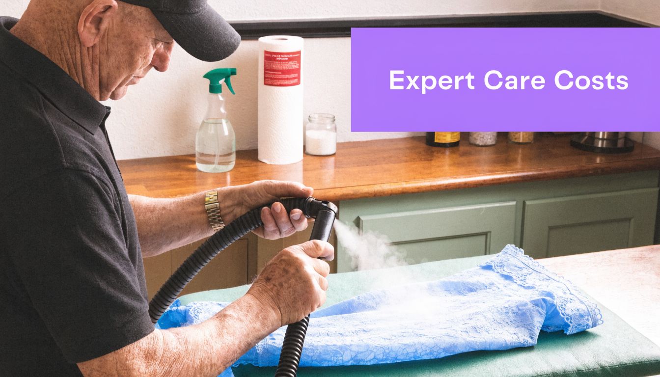 A professional dry cleaner uses a steam wand to carefully press a delicate blue lace garment.
