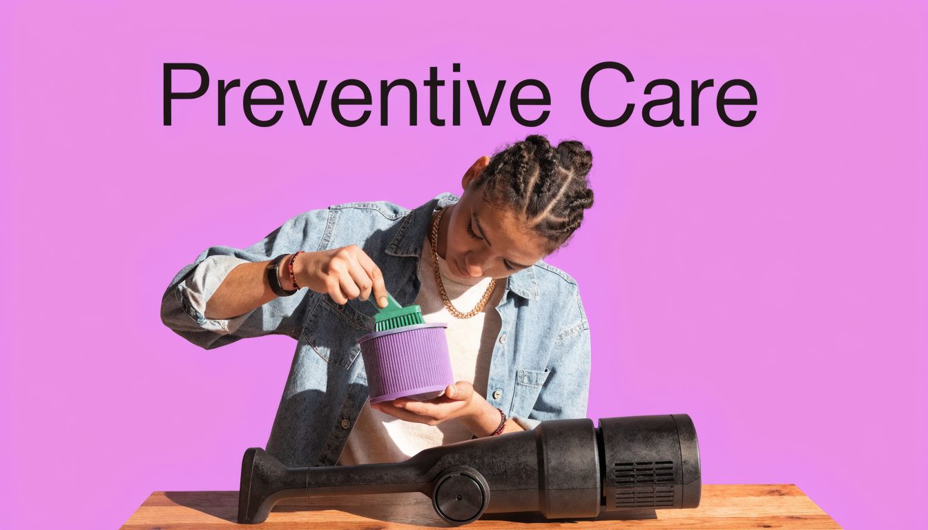 A person with braided hair cleans a purple vacuum filter with a brush in front of a pink background.
