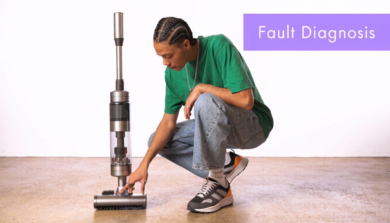 A young man kneeling on the floor while inspecting a modern vacuum cleaner for potential maintenance issues.