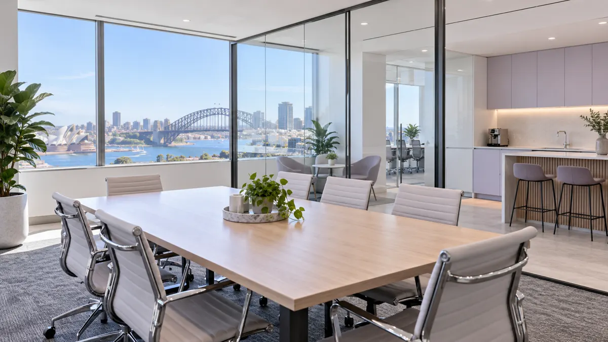 Bright Sydney office meeting room with a large table, glass partitions and a kitchenette, overlooking the Harbour Bridge