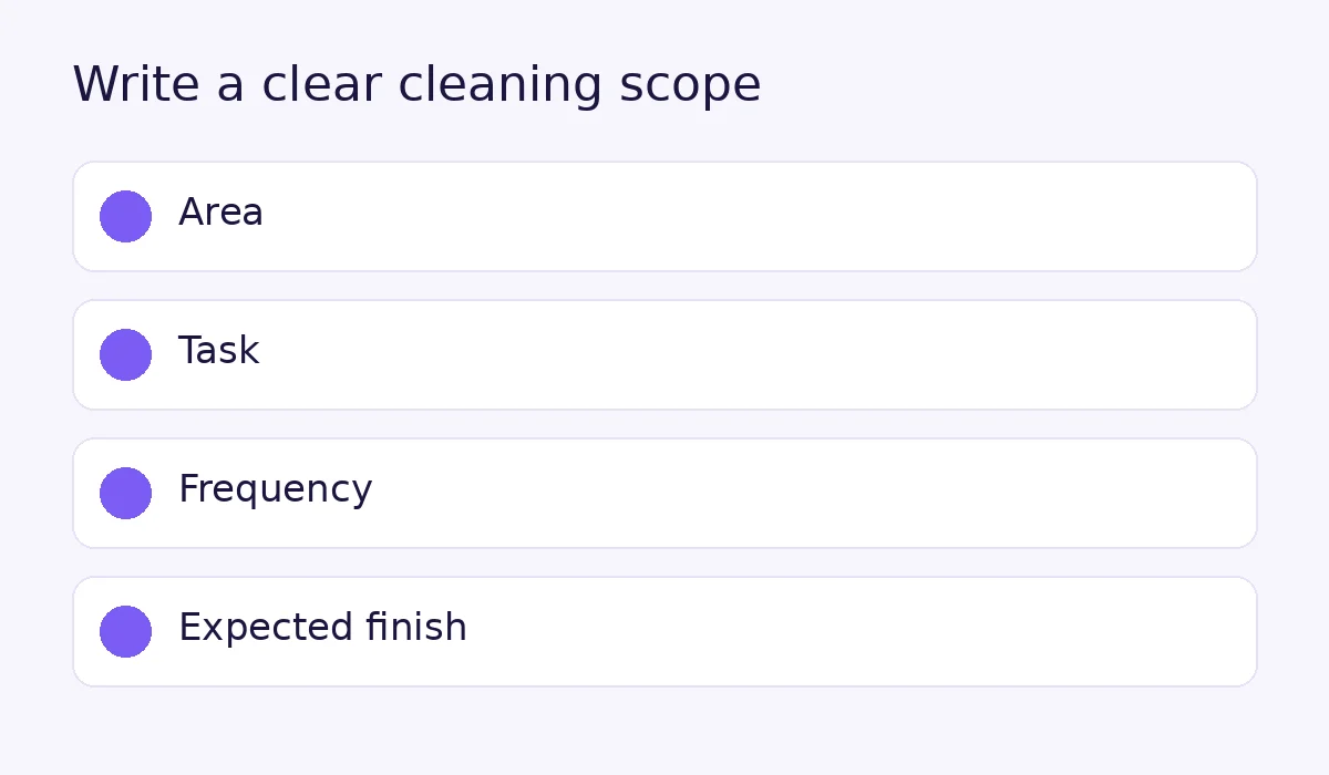 Cleaning scope of work template fields: area, task, frequency and expected finish