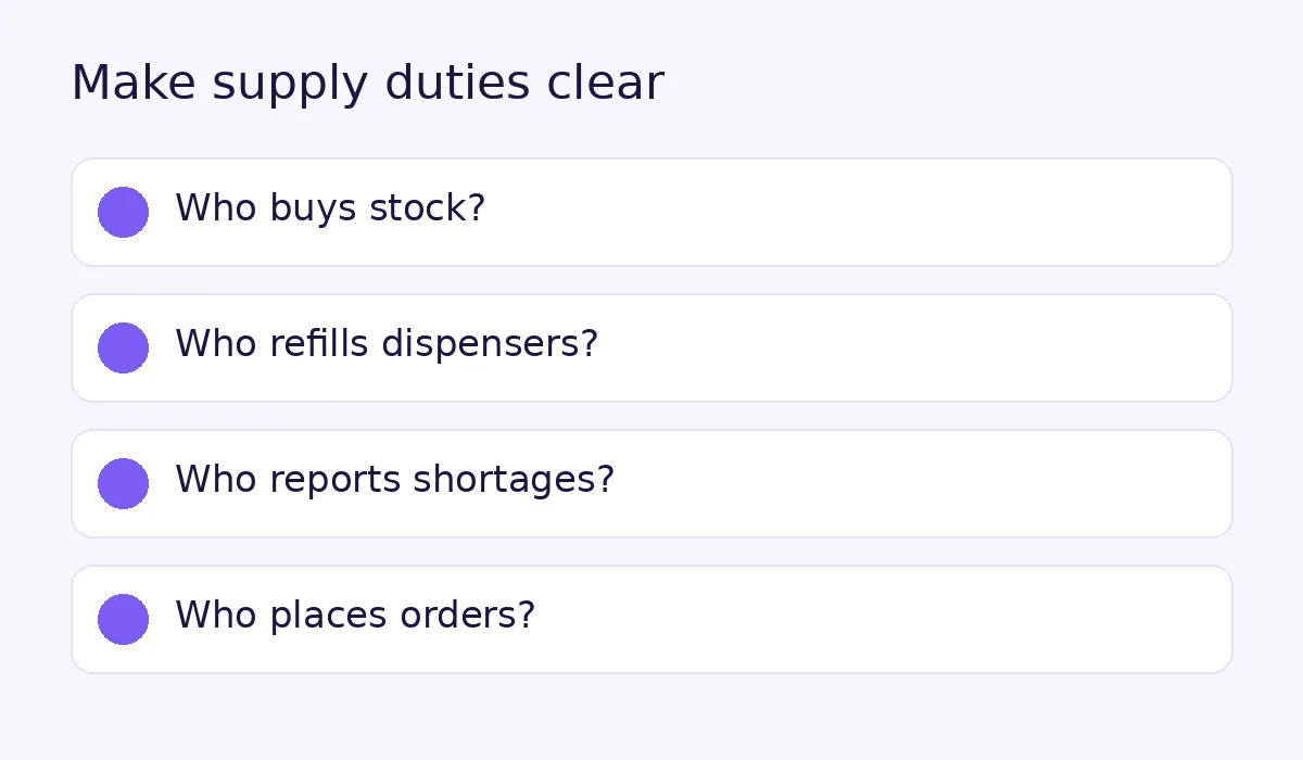 Supply duties to set in a cleaning scope of work: who buys stock, refills dispensers, reports shortages and places orders