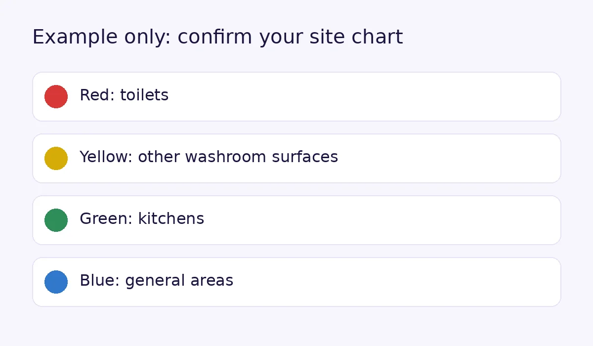 Example chart for colour coded cleaning cloths: red for toilets, yellow for other washroom surfaces, green for kitchens and blue for general areas