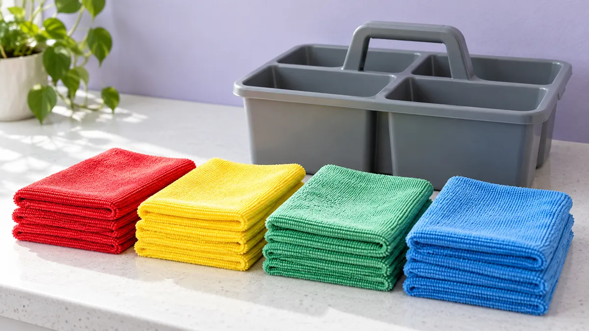 Folded red, yellow, green and blue microfibre cleaning cloths stacked beside a grey cleaning caddy