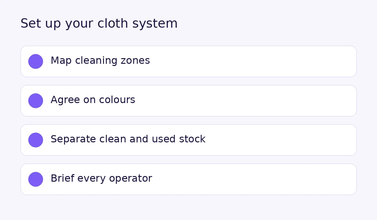 Four steps to set up a colour-coded cloth system: map cleaning zones, agree on colours, separate clean and used stock, brief every operator