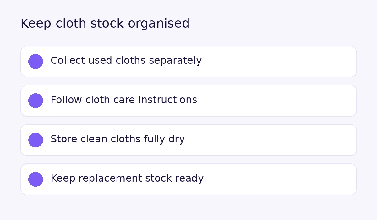 Cloth storage checklist: collect used cloths separately, follow care instructions, store clean cloths fully dry and keep replacement stock ready