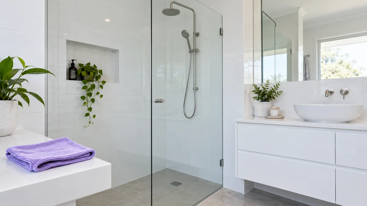 Shower screen cleaning supplies beside clear glass in a bright white bathroom