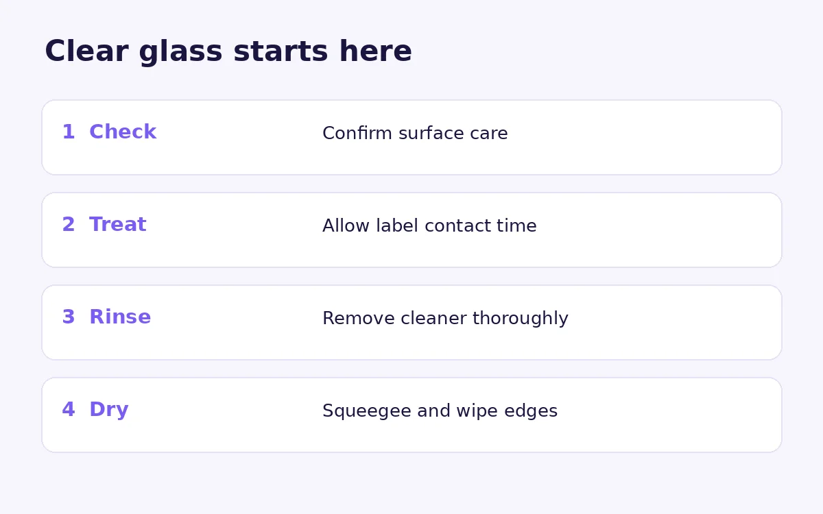 Shower cleaning sequence: check surfaces, treat film, rinse thoroughly and dry glass