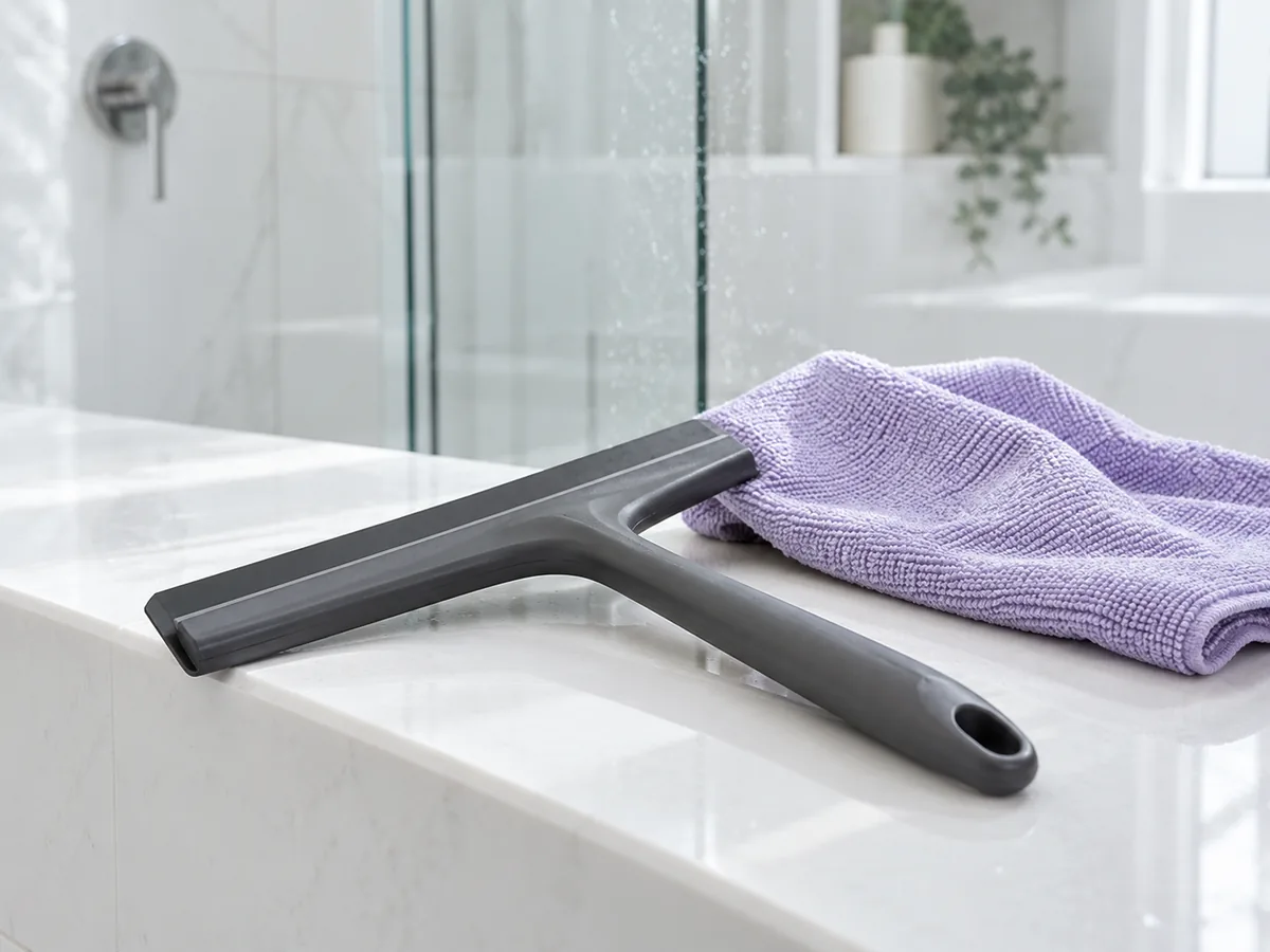 Handheld shower squeegee and lavender cloth on a white bathroom ledge