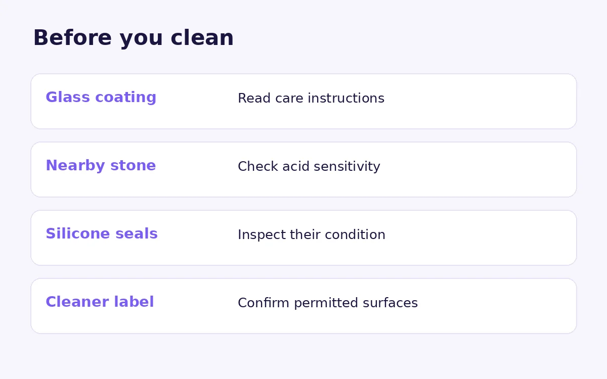 Four checks before cleaning shower glass: coating, stone, seals and cleaner label
